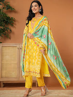 Thumbnail for Yufta Muslin Mustard Hand_Embroidery Kurta Dupatta Pant Set
