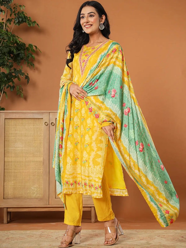 Yufta Muslin Mustard Hand_Embroidery Kurta Dupatta Pant Set