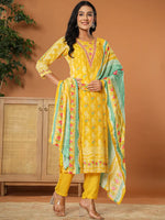 Thumbnail for Yufta Muslin Mustard Hand_Embroidery Kurta Dupatta Pant Set