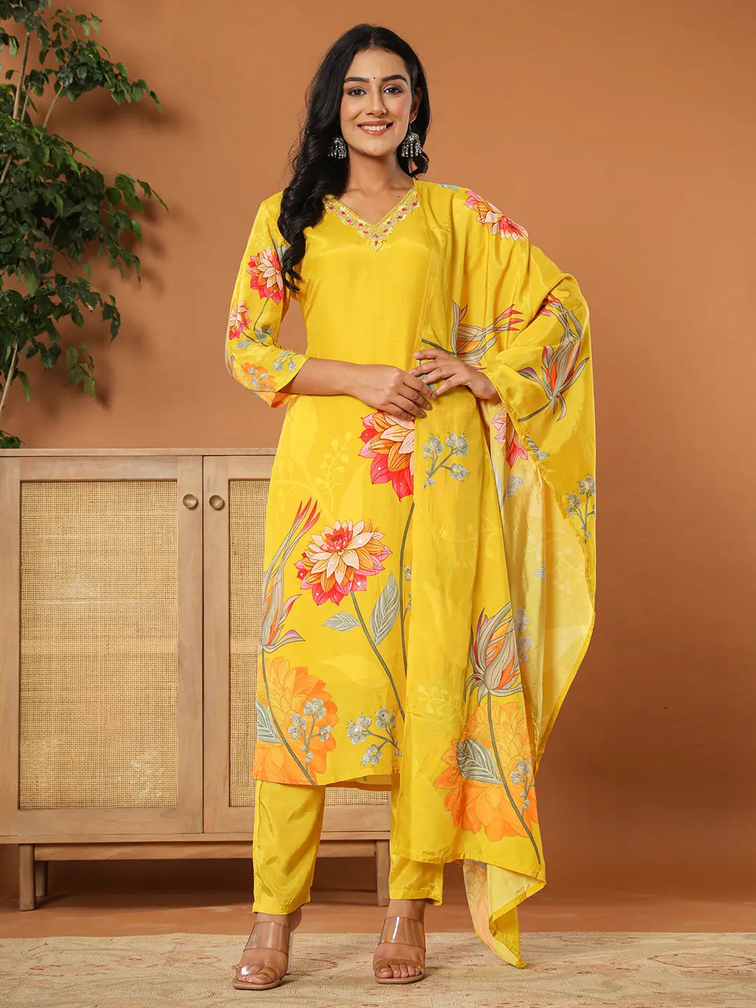 Yufta Mustard Muslin Hand_Embroidery V-Neck Kurta Dupatta Pant Set - Distacart