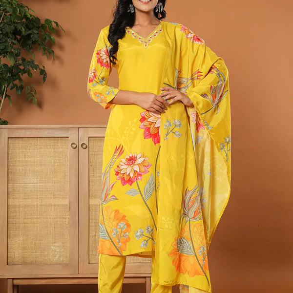 Yufta Mustard Muslin Hand_Embroidery V-Neck Kurta Dupatta Pant Set - Distacart