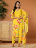 Thumbnail for Yufta Mustard Muslin Hand_Embroidery V-Neck Kurta Dupatta Pant Set