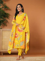 Thumbnail for Yufta Mustard Muslin Hand_Embroidery V-Neck Kurta Dupatta Pant Set