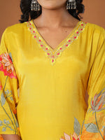 Thumbnail for Yufta Mustard Muslin Hand_Embroidery V-Neck Kurta Dupatta Pant Set