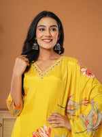 Thumbnail for Yufta Mustard Muslin Hand_Embroidery V-Neck Kurta Dupatta Pant Set