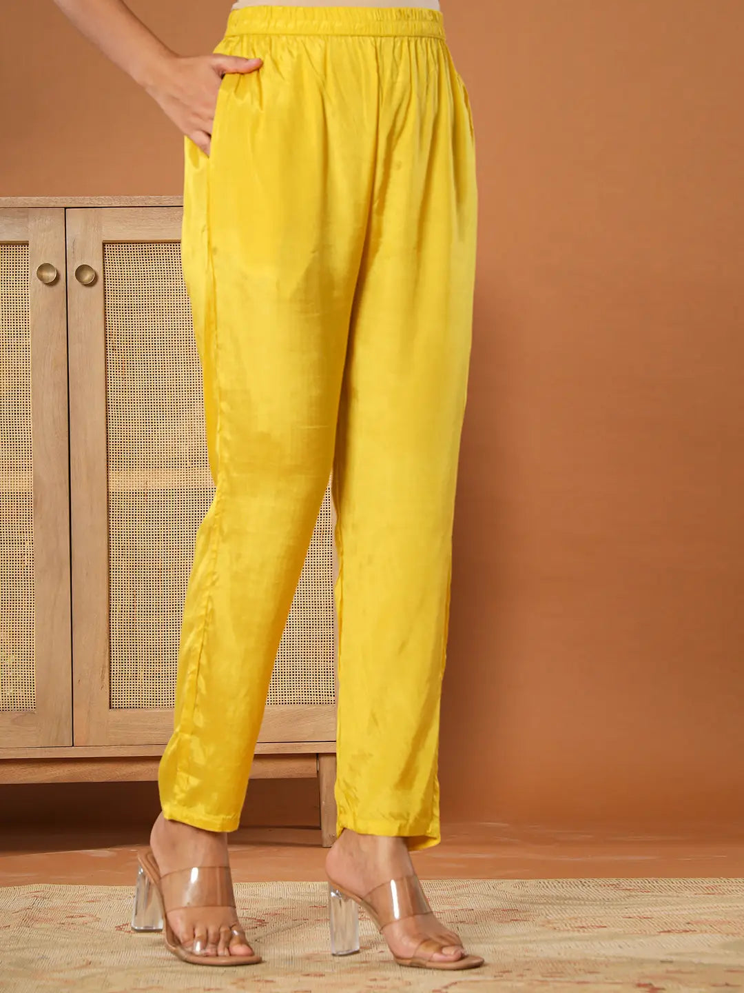 Yufta Mustard Muslin Hand_Embroidery V-Neck Kurta Dupatta Pant Set