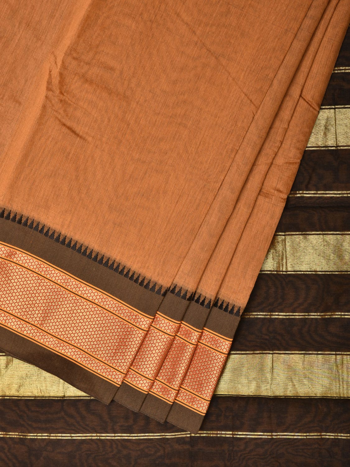 Mustard and Black Bamboo Cotton Plain Saree with Strips Pallu Design No Blouse - Global Threads - Distacart