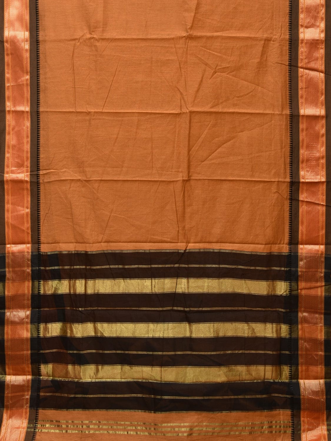 Mustard and Black Bamboo Cotton Plain Saree with Strips Pallu Design No Blouse - Global Threads - Distacart