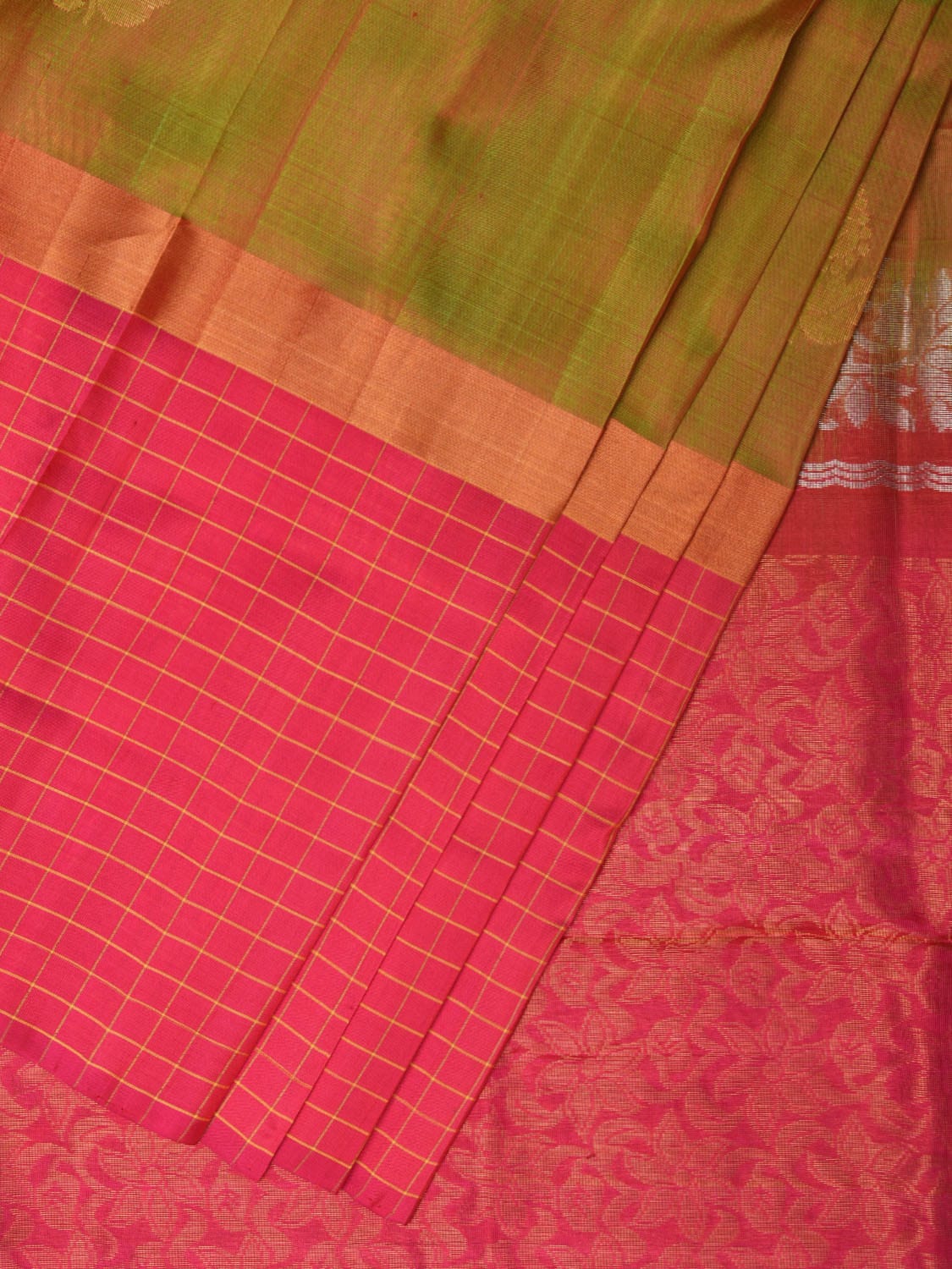 Mustard and Pink Uppada Silk Handloom Saree with Body Buta and Checks Border Design - Global Threads - Distacart