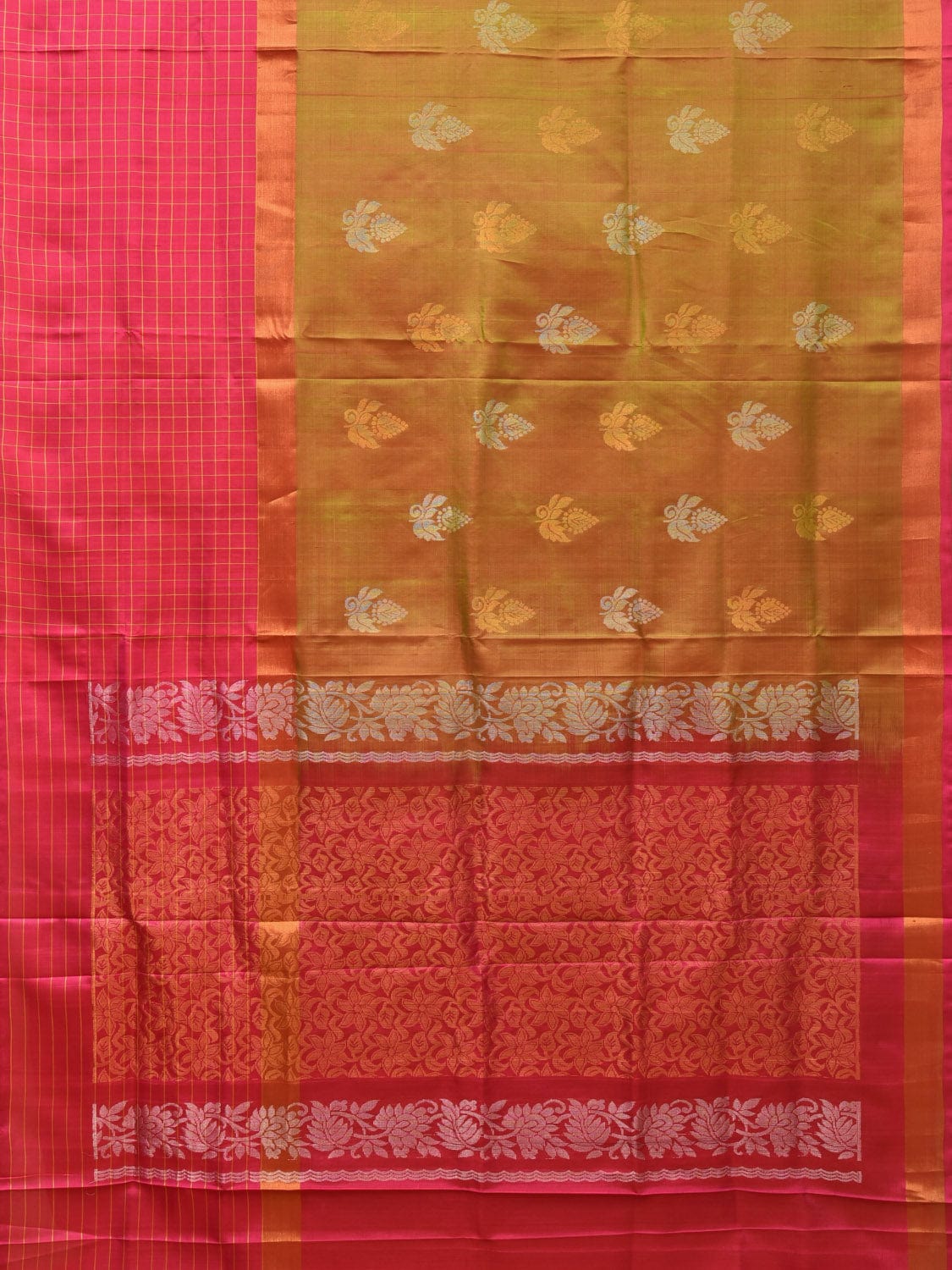Mustard and Pink Uppada Silk Handloom Saree with Body Buta and Checks Border Design - Global Threads - Distacart
