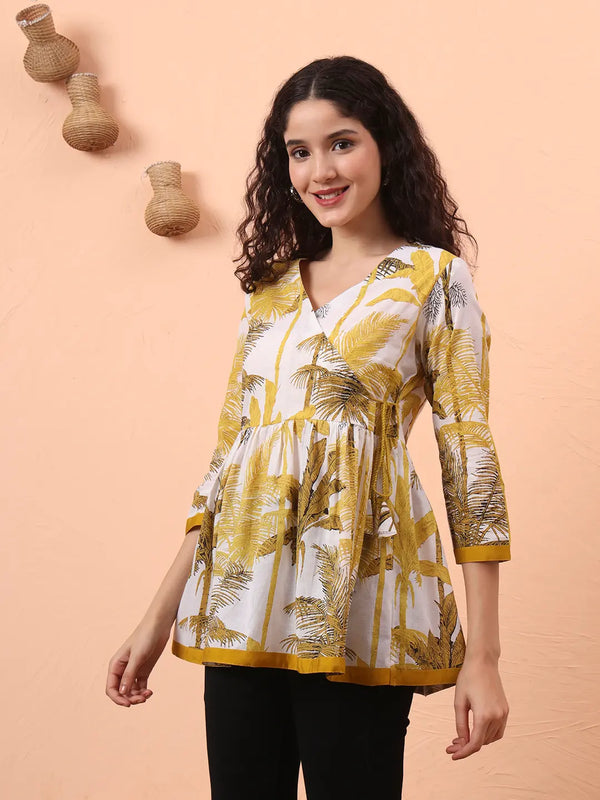 Yufta Mustard And White Cotton Gathered Or Pleated Angrakha Top