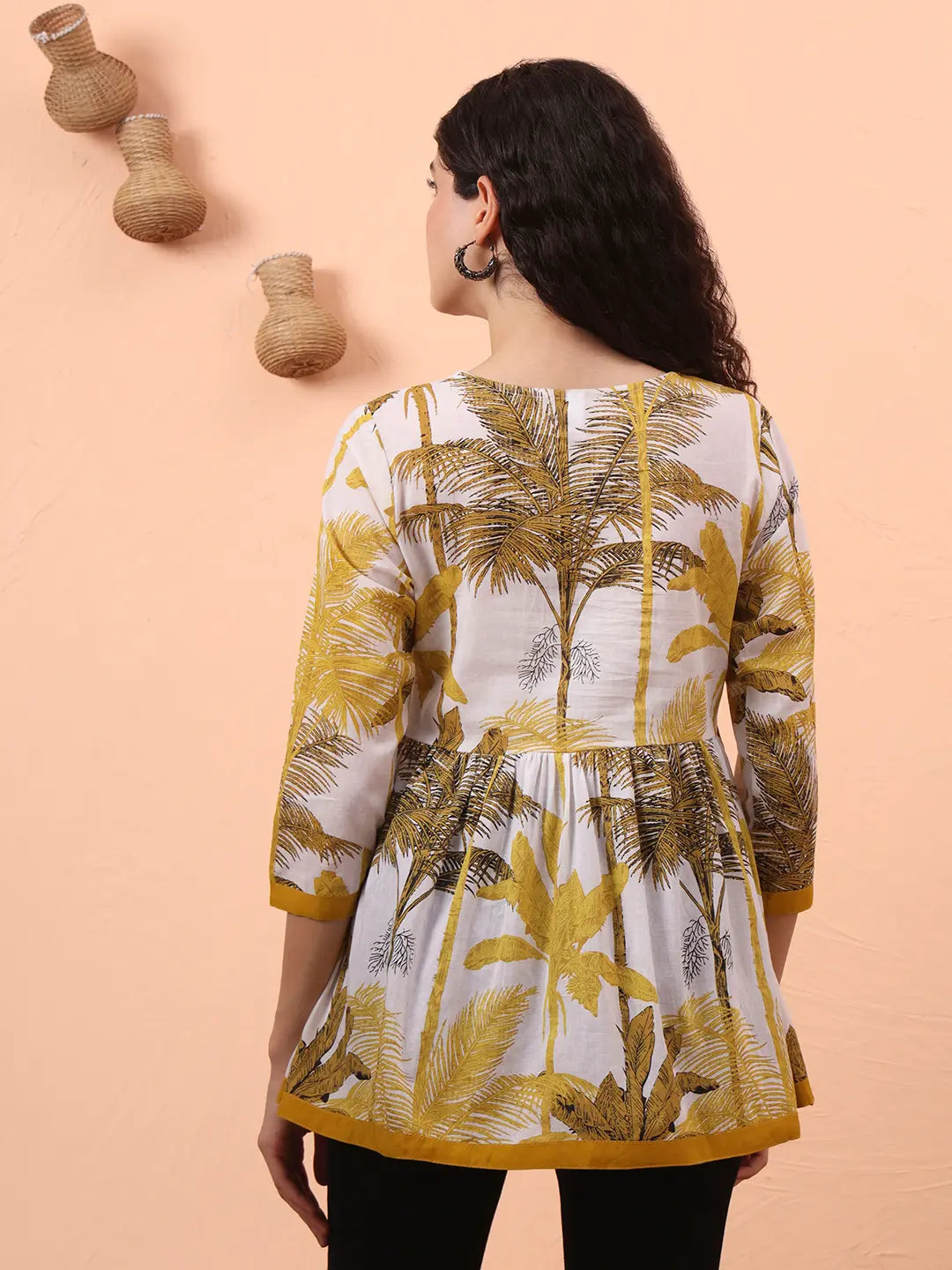 Yufta Mustard And White Cotton Gathered Or Pleated Angrakha Top