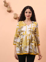 Thumbnail for Yufta Mustard And White Cotton Gathered Or Pleated Angrakha Top