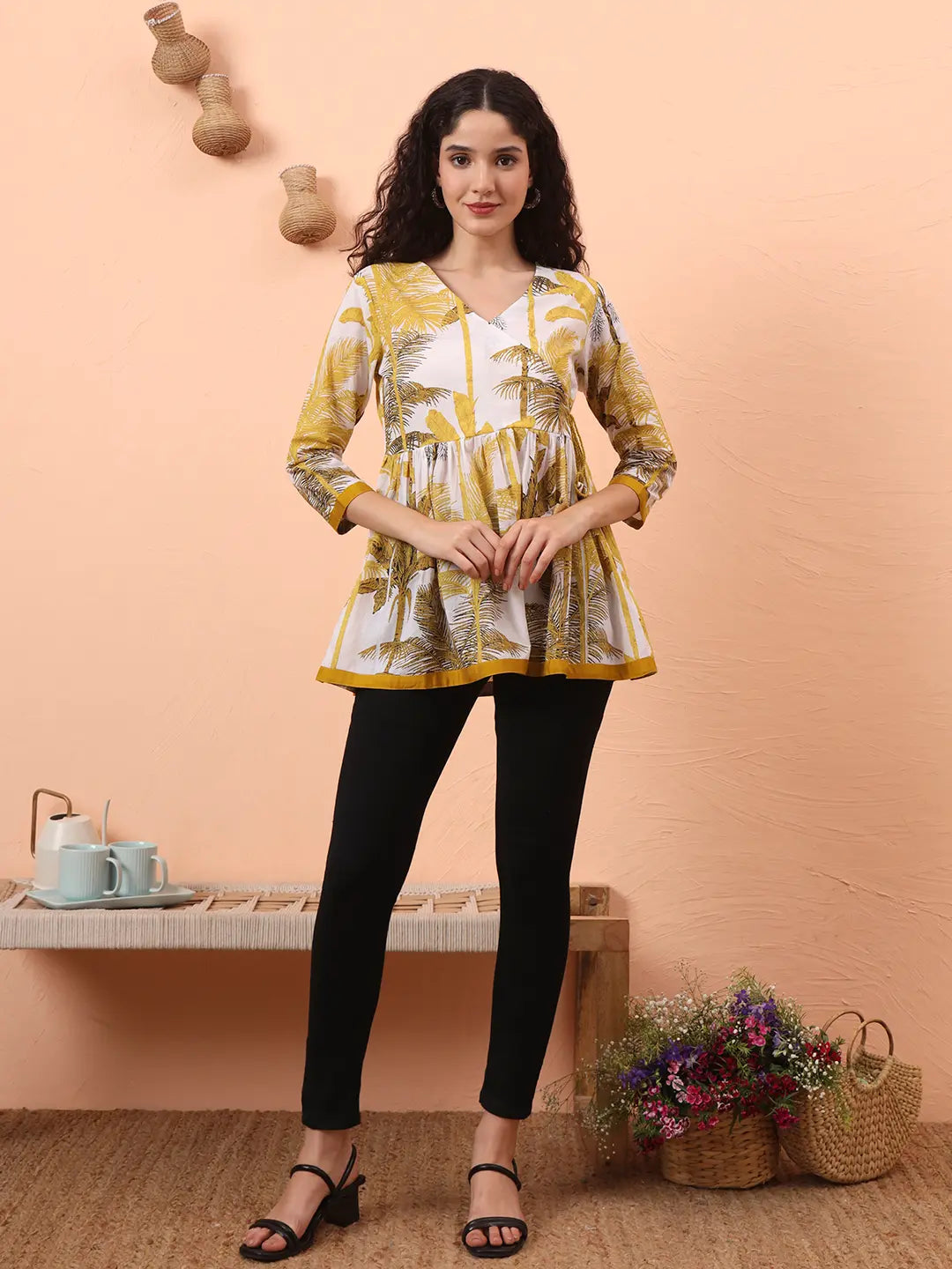 Yufta Mustard And White Cotton Gathered Or Pleated Angrakha Top