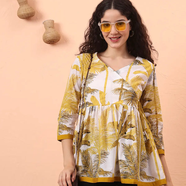 Yufta Mustard And White Cotton Gathered Or Pleated Angrakha Top - Distacart