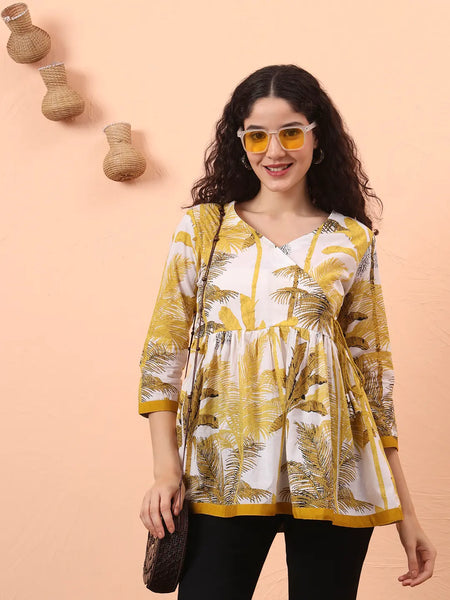 Yufta Mustard And White Cotton Gathered Or Pleated Angrakha Top