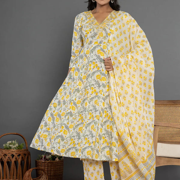 Yufta Mustard Beads & Stones Cotton Anarkali Kurta Dupatta Pant Set - Distacart