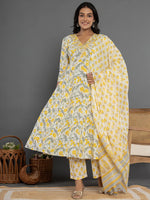 Thumbnail for Yufta Mustard Beads & Stones Cotton Anarkali Kurta Dupatta Pant Set