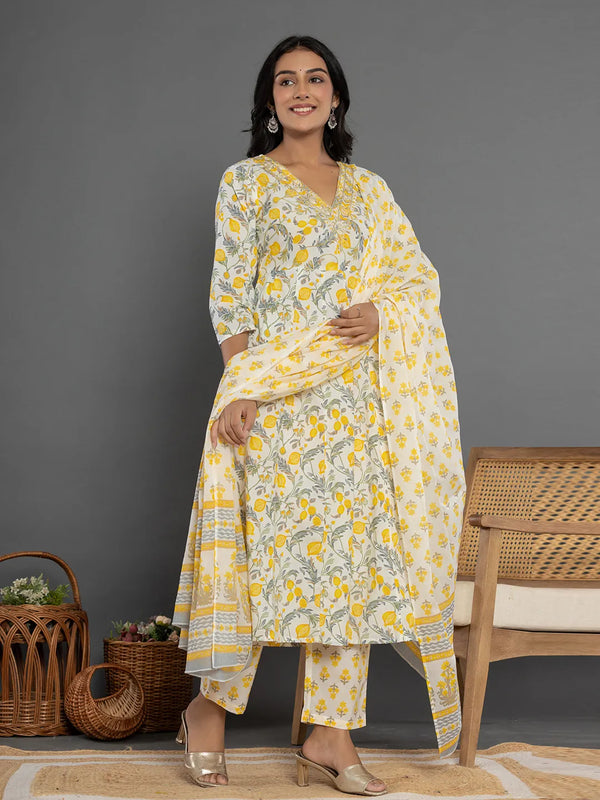 Yufta Mustard Beads & Stones Cotton Anarkali Kurta Dupatta Pant Set