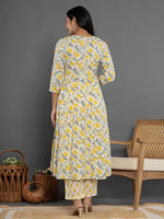 Thumbnail for Yufta Mustard Beads & Stones Cotton Anarkali Kurta Dupatta Pant Set