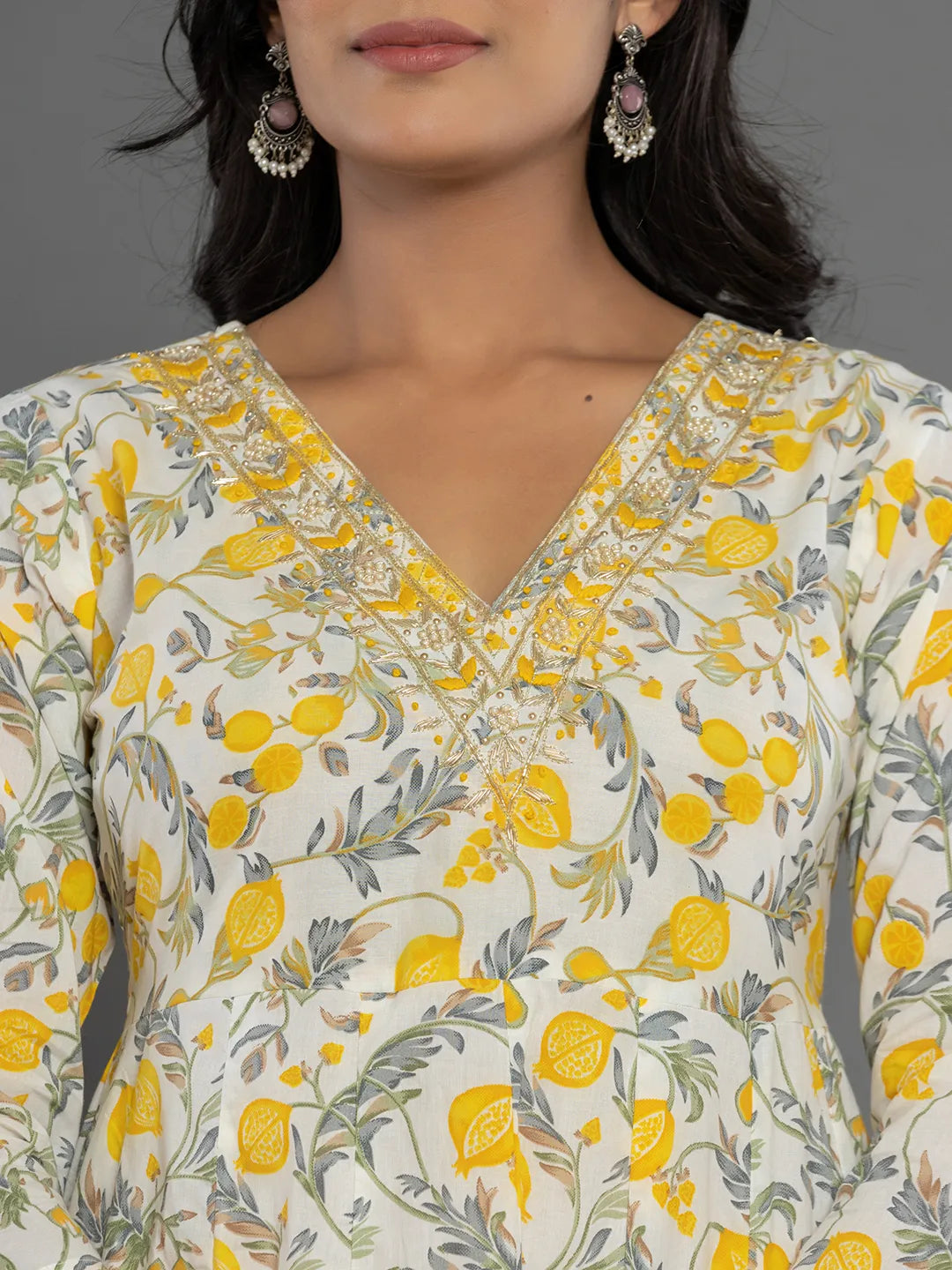 Yufta Mustard Beads & Stones Cotton Anarkali Kurta Dupatta Pant Set