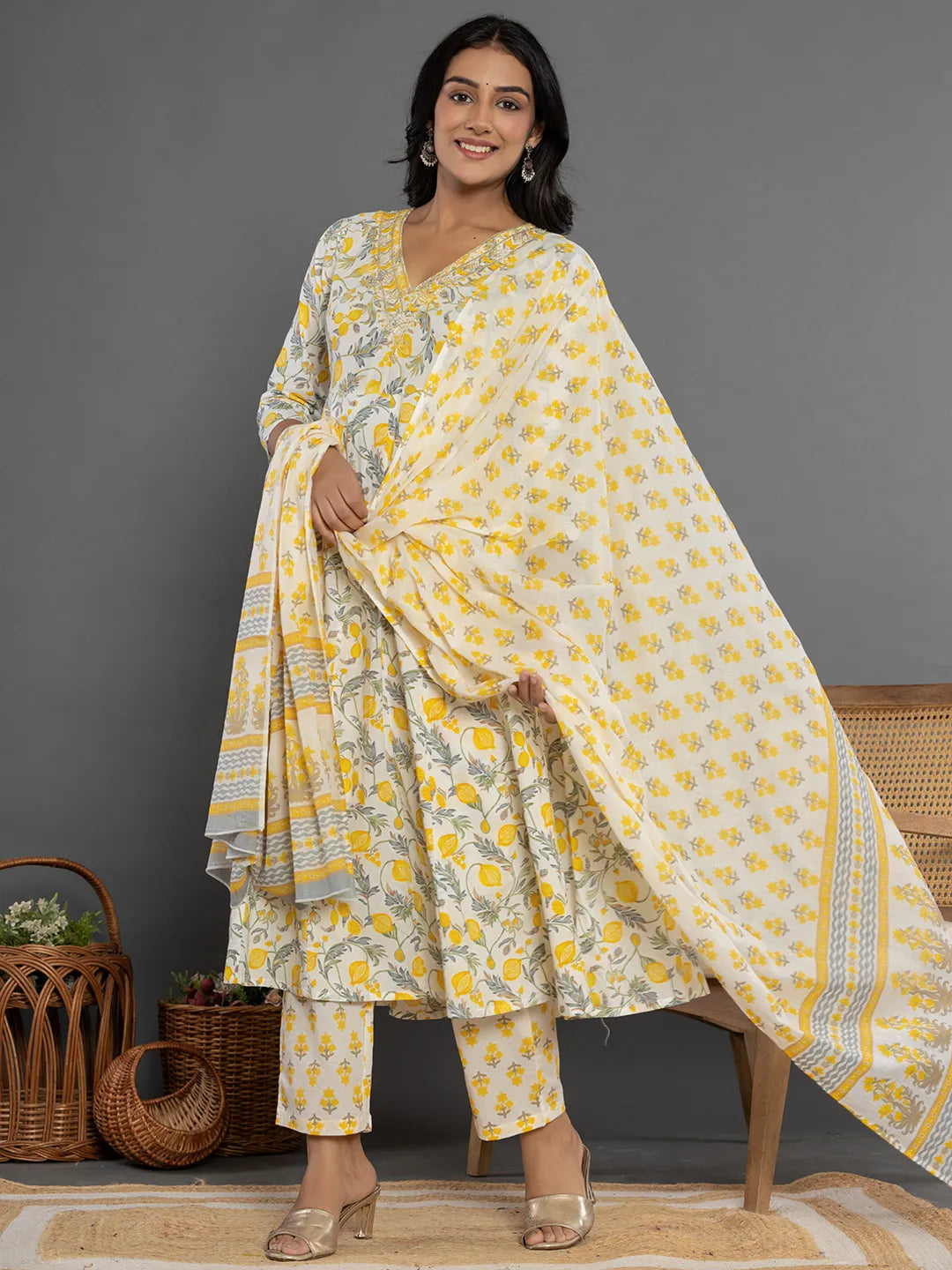 Yufta Mustard Beads & Stones Cotton Anarkali Kurta Dupatta Pant Set