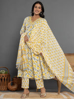 Thumbnail for Yufta Mustard Beads & Stones Cotton Anarkali Kurta Dupatta Pant Set