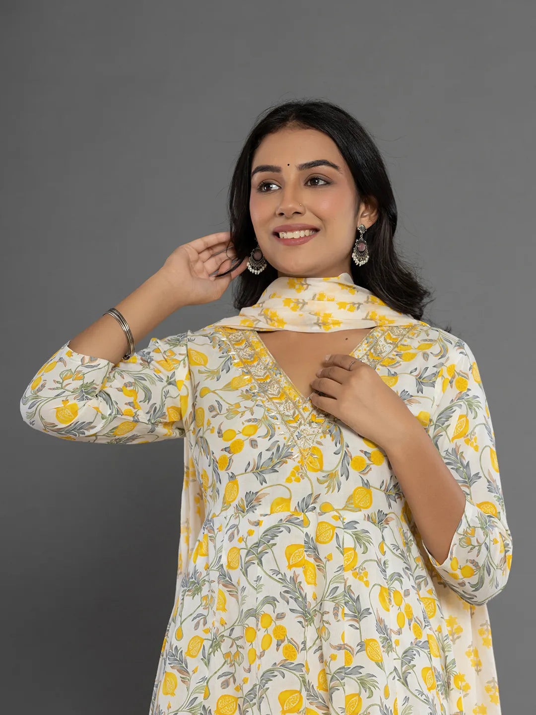 Yufta Mustard Beads & Stones Cotton Anarkali Kurta Dupatta Pant Set