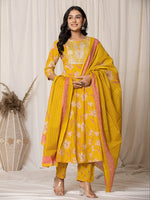 Thumbnail for Yufta Mustard Cotton Dori_Embroidery Anarkali Kurta Dupatta Set