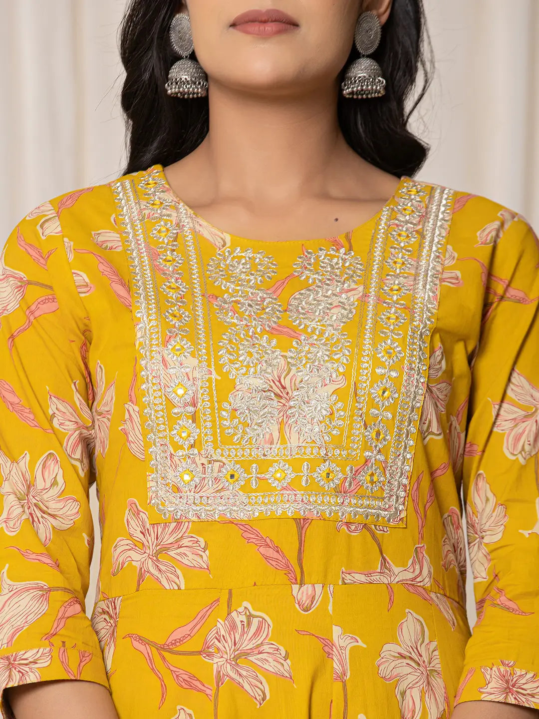 Yufta Mustard Cotton Dori_Embroidery Anarkali Kurta Dupatta Set