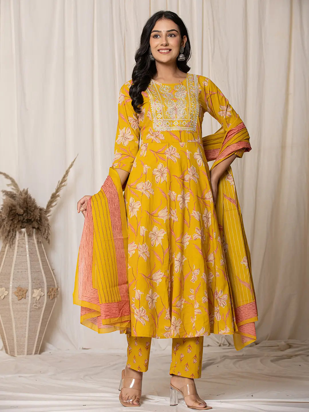 Yufta Mustard Cotton Dori_Embroidery Anarkali Kurta Dupatta Set