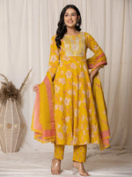 Thumbnail for Yufta Mustard Cotton Dori_Embroidery Anarkali Kurta Dupatta Set