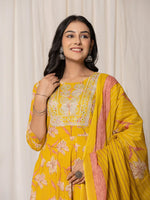 Thumbnail for Yufta Mustard Cotton Dori_Embroidery Anarkali Kurta Dupatta Set