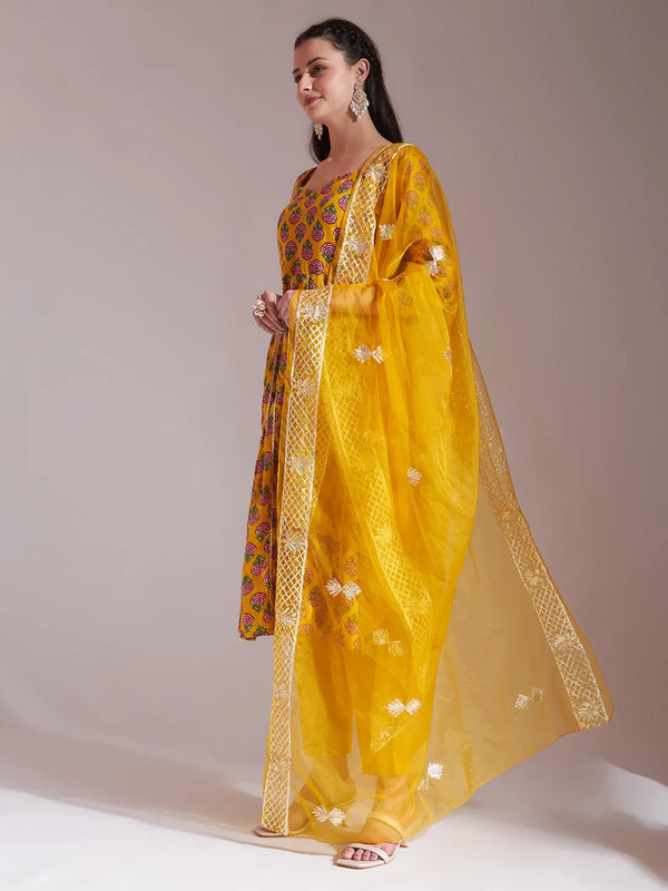 Yufta Mustard Cotton Gotta Work Kurta Set With Pant & Dupatta