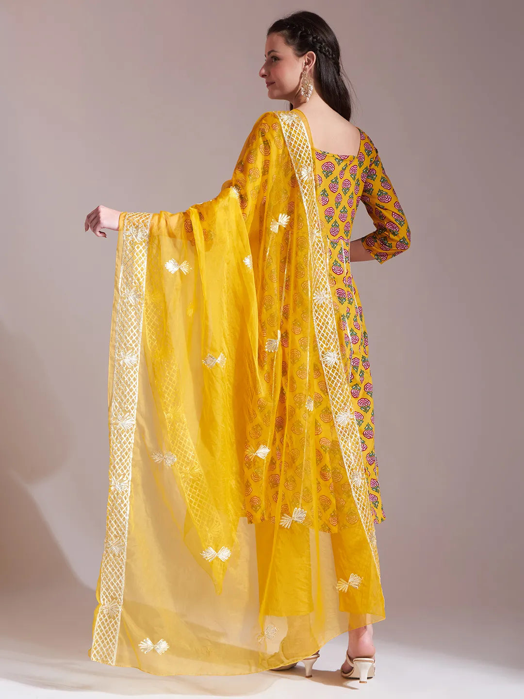 Yufta Mustard Cotton Gotta Work Kurta Set With Pant & Dupatta