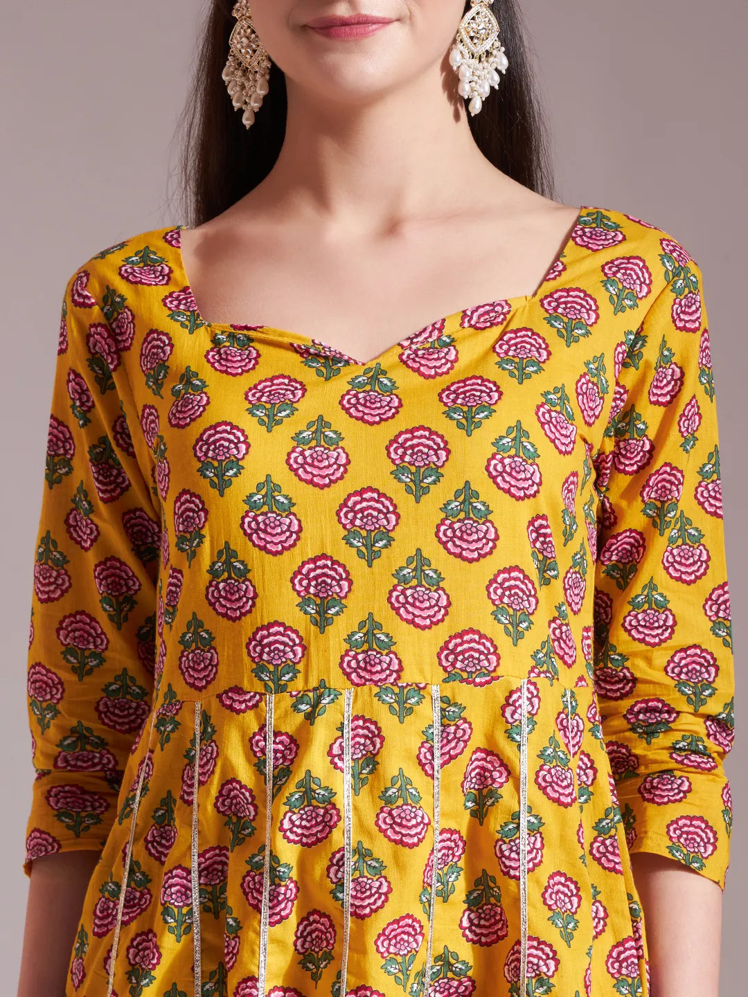 Yufta Mustard Cotton Gotta Work Kurta Set With Pant & Dupatta