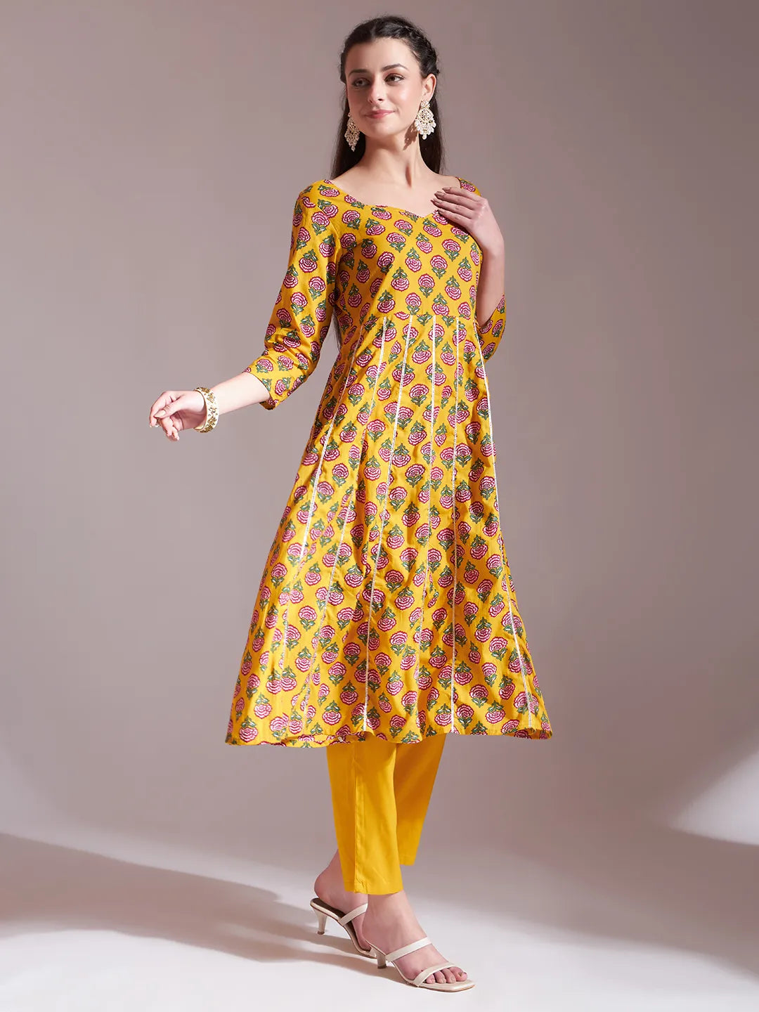 Yufta Mustard Cotton Gotta Work Kurta Set With Pant & Dupatta