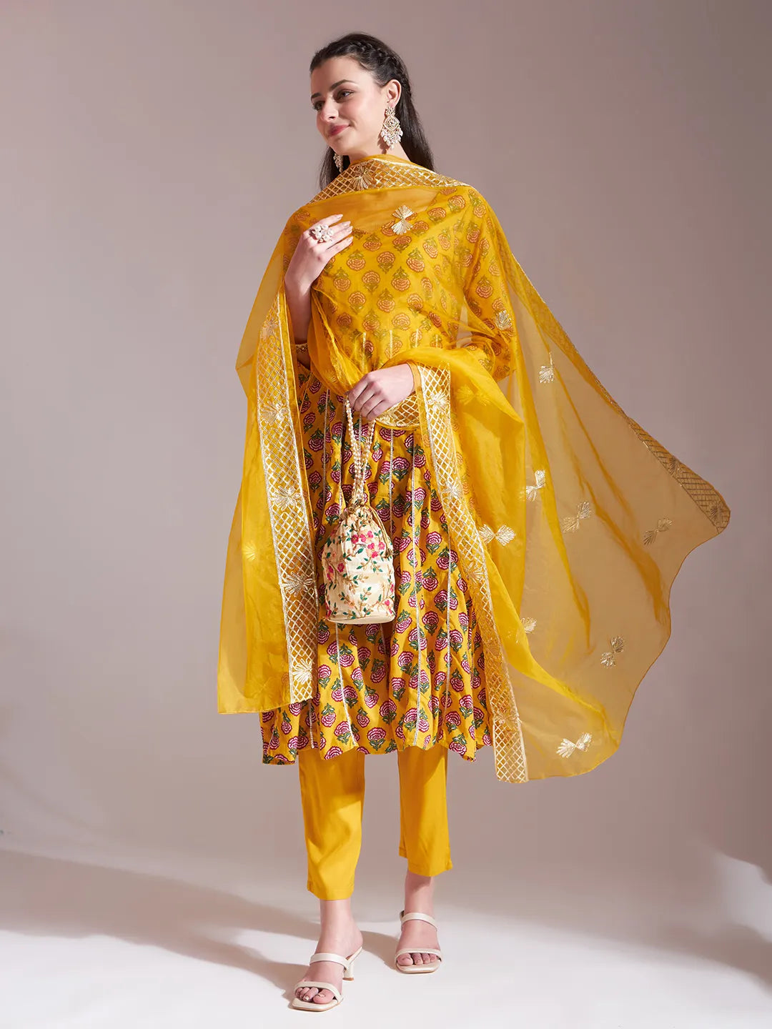 Yufta Mustard Cotton Gotta Work Kurta Set With Pant & Dupatta