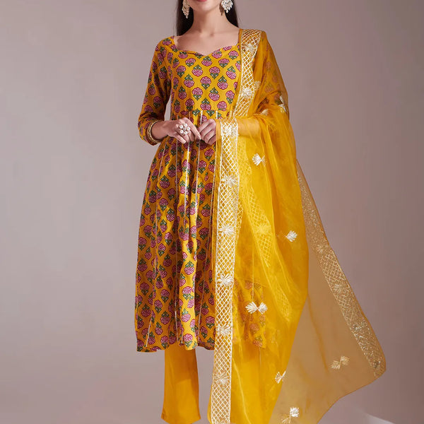 Yufta Mustard Cotton Gotta Work Kurta Set With Pant & Dupatta - Distacart