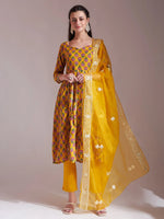 Thumbnail for Yufta Mustard Cotton Gotta Work Kurta Set With Pant & Dupatta