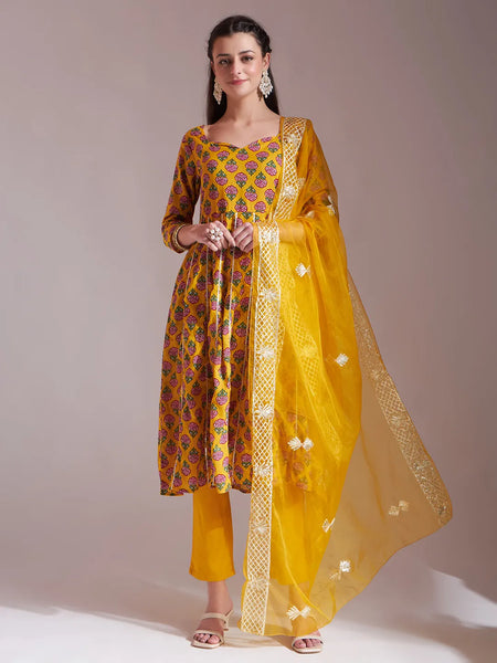 Yufta Mustard Cotton Gotta Work Kurta Set With Pant & Dupatta