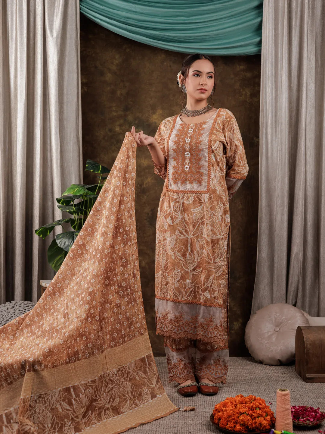 Yufta Mustard Cotton Kurta Dupatta Set With Lace Detailing - Distacart