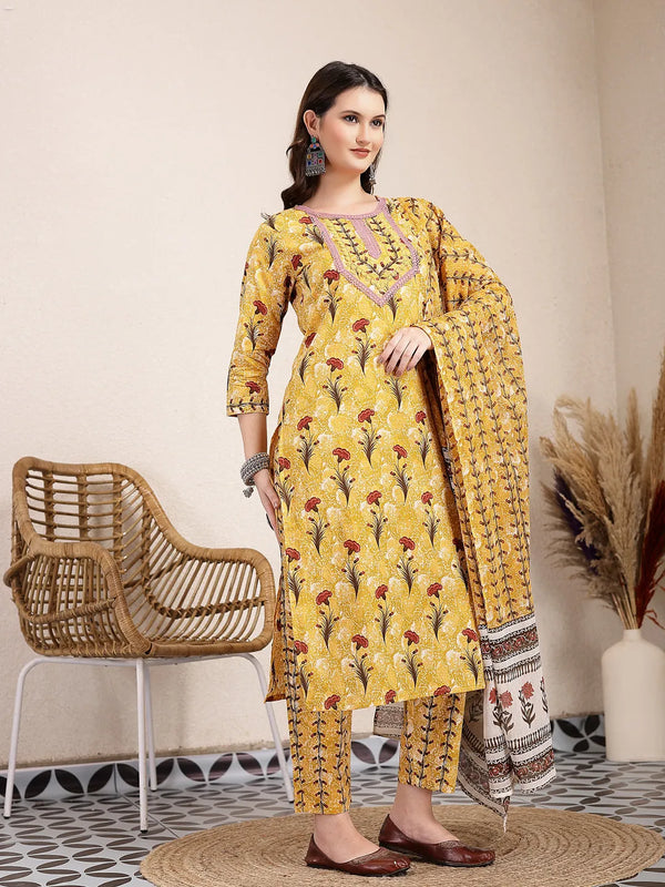 Yufta Mustard Cotton Lace Work On Yoke Straight Kurta Dupatta Pant Set