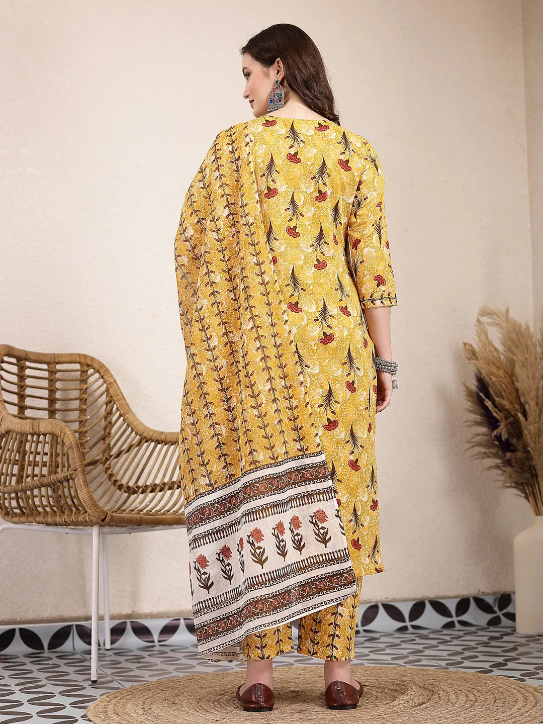 Yufta Mustard Cotton Lace Work On Yoke Straight Kurta Dupatta Pant Set