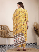 Thumbnail for Yufta Mustard Cotton Lace Work On Yoke Straight Kurta Dupatta Pant Set