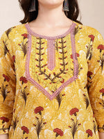 Thumbnail for Yufta Mustard Cotton Lace Work On Yoke Straight Kurta Dupatta Pant Set