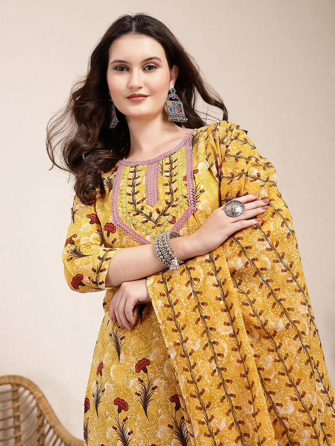 Yufta Mustard Cotton Lace Work On Yoke Straight Kurta Dupatta Pant Set
