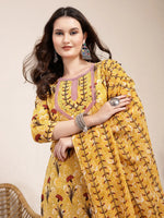Thumbnail for Yufta Mustard Cotton Lace Work On Yoke Straight Kurta Dupatta Pant Set