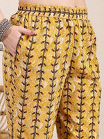 Thumbnail for Yufta Mustard Cotton Lace Work On Yoke Straight Kurta Dupatta Pant Set
