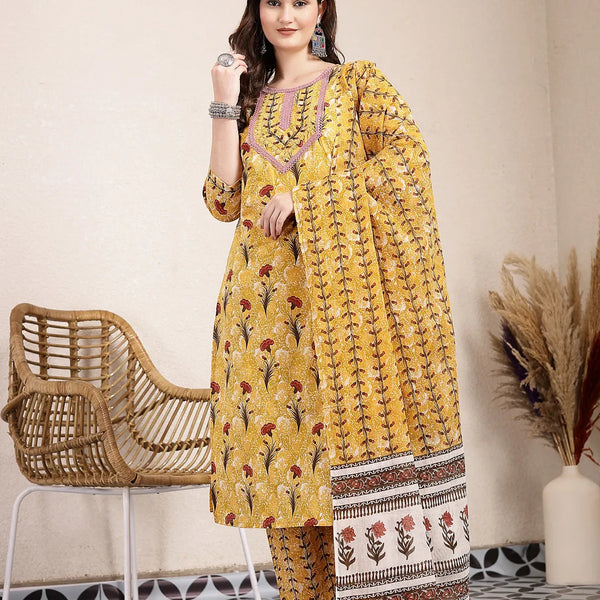 Yufta Mustard Cotton Lace Work On Yoke Straight Kurta Dupatta Pant Set - Distacart